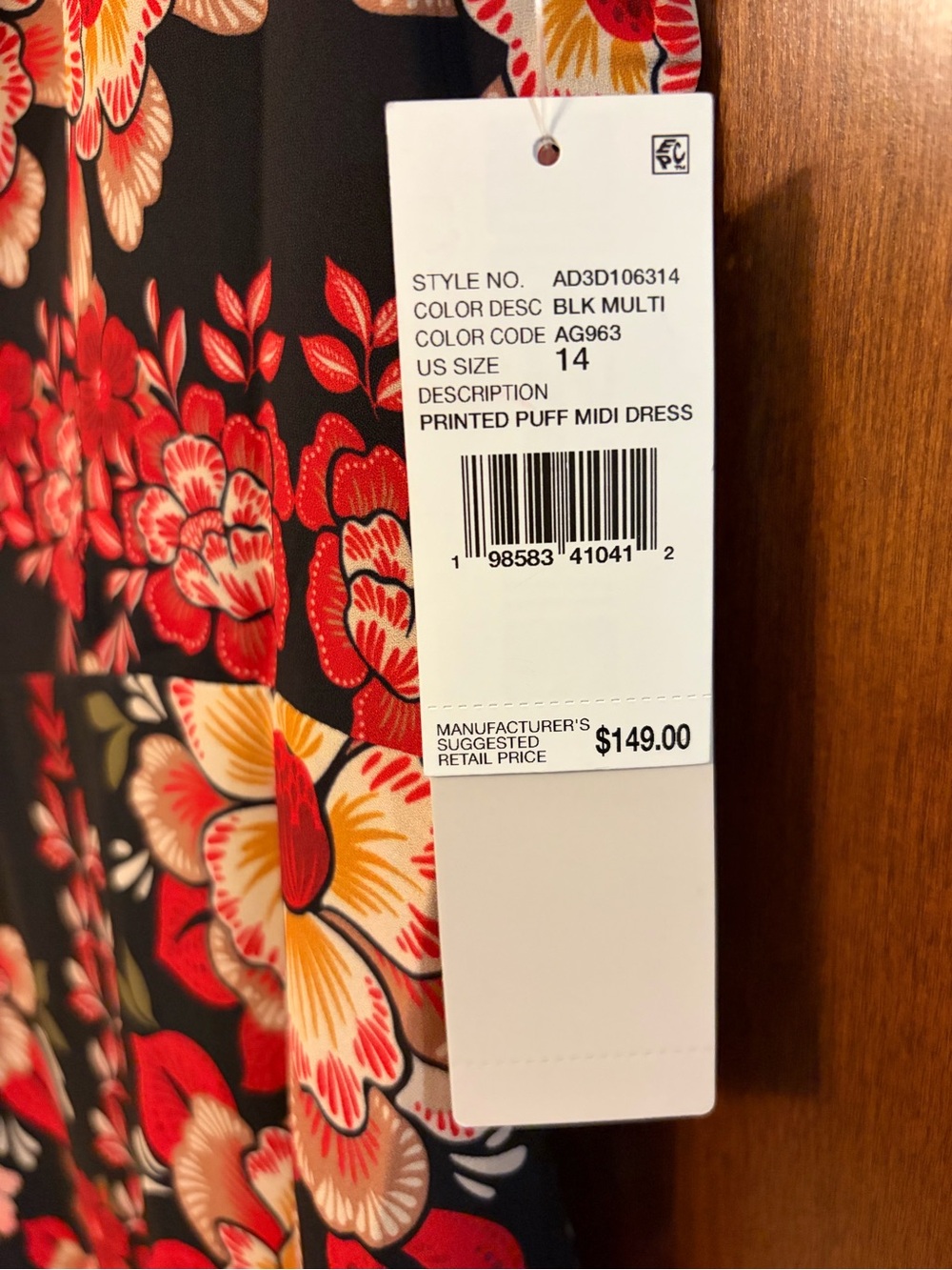 Adrianna Papell Red Floral Print Puff Sleeve Midi Dress - 14 - Picture 3 of 16